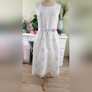 Charming White Dress with Floral Accents . Pink blue-white green flora of design